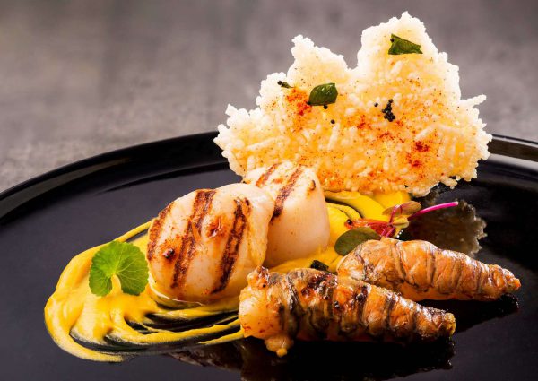 Grilled scalloop and baby lobster